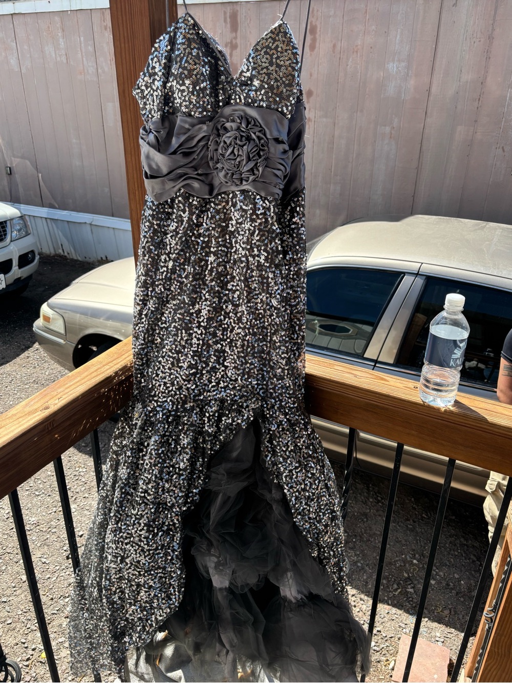 Black Sequin Evening Gown with Floral Waist Detail